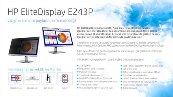 HP EliteDisplay 23.8" E243p 5FT13AS 14ms Hdmi IPS